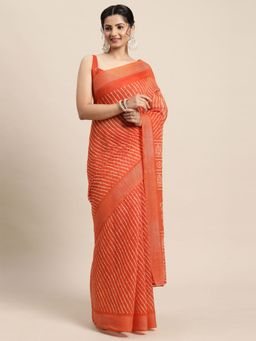 Odette - Womens Cotton Blend Orange Printed Saree with Unstitched Blouse