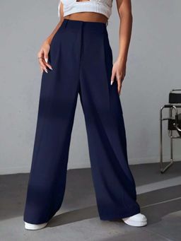 BROADSTAR - Women High-Rise Stretchable Navy Blue Color Baggy Fit Korean Trousers