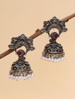 Karatcart - Oxidised Silver Red Stone Floral Jhumki Studded with White Pearl for Women