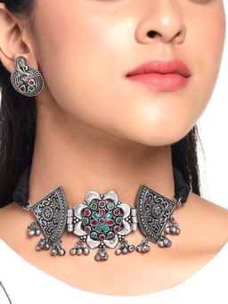 Yellow Chimes - Silver Oxidised Ethnic Choker Jewellery Set
