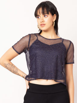 FabAlley - Navy Blue Round Neck Crop Top with Camisole