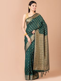 LAA CALCUTTA - Green Silk Banarasi Saree with Unstitched Blouse