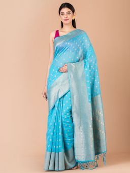 LAA CALCUTTA - Turquoise Blue Silk Banarasi Saree with Unstitched Blouse