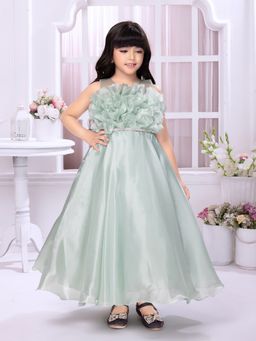 Tiny Kingdom - Satin Sleevless Solid Flower Pattern Flared Party Gown - Green
