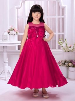 Tiny Kingdom - Satin Sleevless Sequin Flower Broach Pattern Flared Party Gown - Red