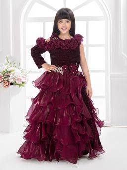 Tiny Kingdom - Satin Woven One Shoulder Ruffles Flared Party Gown - Maroon