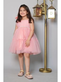 Bella Moda - Net Woven One Shoulder Sequin Embellished Bow Applique Layered Dress - Peach