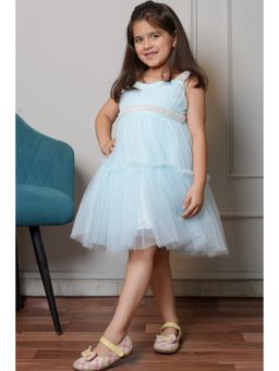 Bella Moda - Net Woven Bodice & Frill Detailed Fit & Flare Dress - Sky Blue