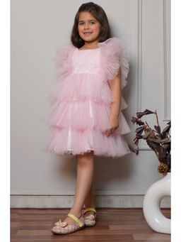 Bella Moda - Net Woven Sequin Bodice Frill Detailed Fit & Flare Dress - Peach