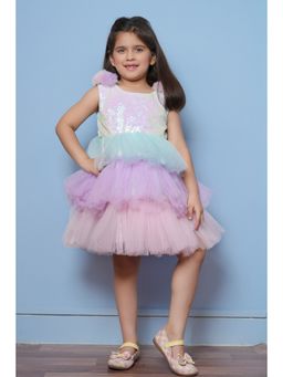 Bella Moda - Net Woven Flower Detail Sequin Embellished Layered Dress - Multi