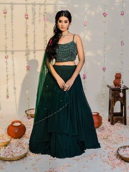 Redpine Designs - Bottle Green Embellished Lehenga with Blouse and Dupatta (Set of 3)