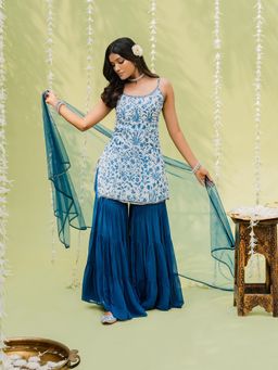 Redpine Designs - Blue Floral Printed Sharara with Kurta and Dupatta (Set of 3)