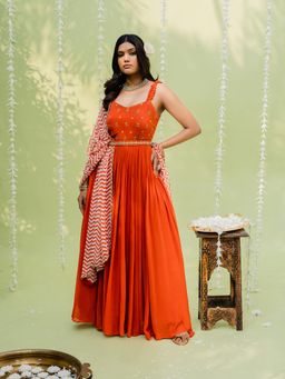 Redpine Designs - Orange Embroidered Anarkali with Dupatta and Belt (Set of 3)