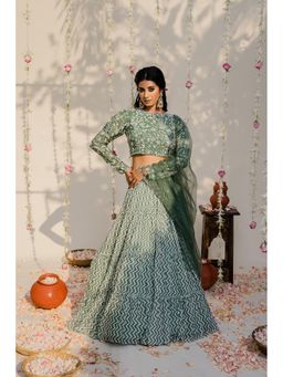 Redpine Designs - Olive Embroidered Lehenga with Blouse, Dupatta and Belt (Set of 4)