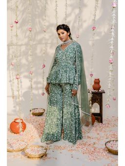 Redpine Designs - Olive Embroidered Peplum Top with Sharara and Dupatta (Set of 3)