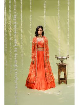 Redpine Designs - Orange Embroidered Lehenga with Blouse, Jacket and Belt (Set of 4)