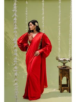 Redpine Designs - Red Embroidered Pre Drape Saree with Stitched Blouse