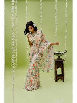 Redpine Designs - Beige Printed Embroidered Pre Draped Saree with Stitched Blouse