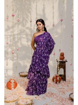 Redpine Designs - Purple Printed Embroidered Pre Draped Saree with Stitched Blouse