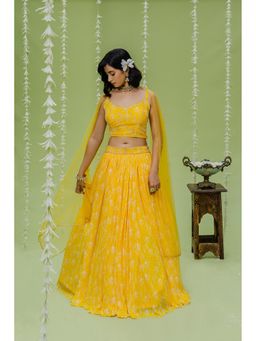 Redpine Designs - Yellow Embroidered Lehenga with Blouse, Dupatta and Belt (Set of 4)
