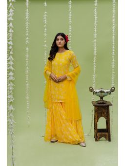 Redpine Designs - Sunny Yellow Printed Embroidered Sharara with Kurta and Dupatta (Set of 2)