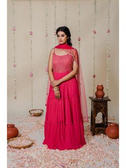 Redpine Designs - Pink Pleated Mirror Anarkali with Dupatta (Set of 2)