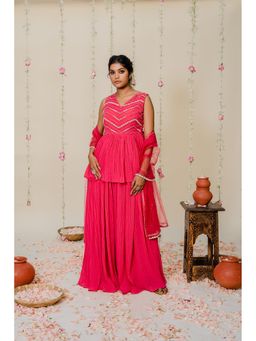 Redpine Designs - Pink Embroidered Peplum Top with Sharara and Dupatta (Set of 3)