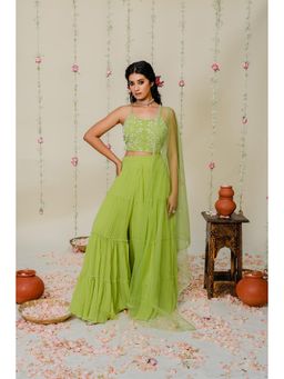 Redpine Designs - Green Embroidered Sharara with Blouse and Dupatta (Set of 3)