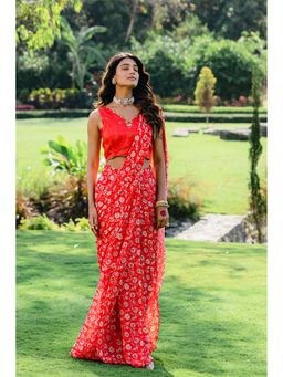 Redpine Designs - Cherry Red Floral Printed Pre Draped Saree with Stitched Blouse