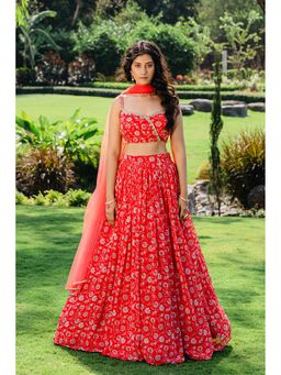 Redpine Designs - Cherry Red Floral Printed Lehenga with Blouse and Dupatta (Set of 3)