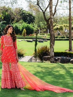 Redpine Designs - Cherry Red Floral Printed Sharara with Kurta and Dupatta (Set of 3)