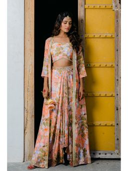 Redpine Designs - Peach Printed, Embroidered Long Jacket with Skirt and Blouse (Set of 3)