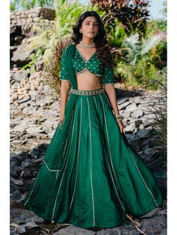 Redpine Designs - Green Embroidered Lehenga with Blouse, Dupatta and Belt (Set of 4)