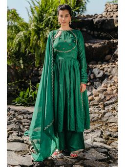Redpine Designs - Emerald Green Embroidered Anarkali with Palazzo and Dupatta (Set of 3)