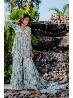 Redpine Designs - Powder Blue Printed, Embroidered Sharara with Kurta and Dupatta (Set of 3)