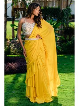 Redpine Designs - Yellow Embroidered Pre Drape Saree with Stitched Blouse and Belt