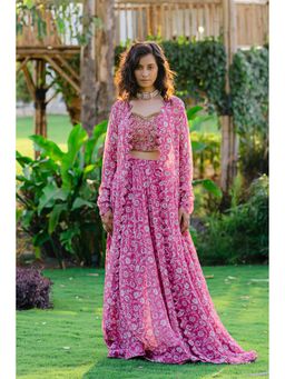 Redpine Designs - Mauve Printed, Embroidered Long Jacket with Palazzo and Bustier (Set of 3)