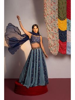 Redpine Designs - Royal Blue Printed Lehenga with Blouse, Belt and Dupatta (Set of 4)