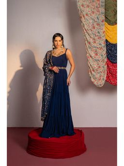 Redpine Designs - Royal Blue Printed, Embroidered Anarkali with Dupatta and Belt (Set of 3)