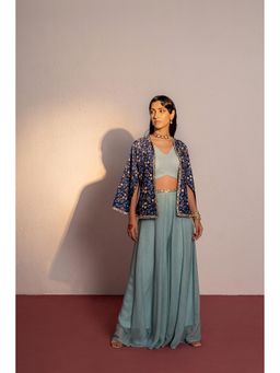 Redpine Designs - Royal Blue Printed, Embroidered Cape with Palazzo and Bustier (Set of 3)