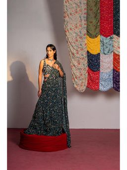 Redpine Designs - Royal Green Floral Embroidered Pre Drape Saree with Stitched Blouse and Belt