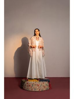 Redpine Designs - Ivory Printed, Embroidered Jumpsuit with Cape (Set of 2)