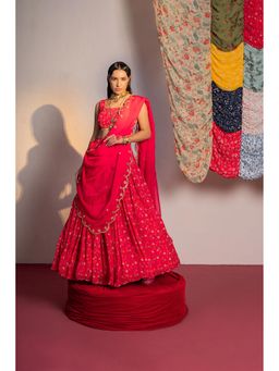 Redpine Designs - Hot Pink Printed Lehenga with Blouse, Dupatta and Belt (Set of 4)