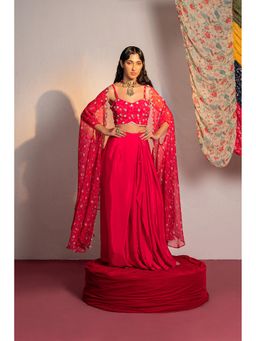 Redpine Designs - Hot Pink Printed, Embroidered Lehenga with Cape and Blouse (Set of 3)