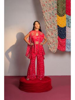 Redpine Designs - Hot Pink Printed, Embroidered Cape with Bustier and Pant (Set of 3)