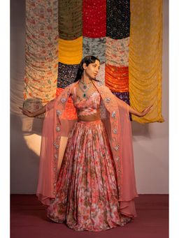 Redpine Designs - Coral Printed Lehenga with Bustier and Cape (Set of 4)