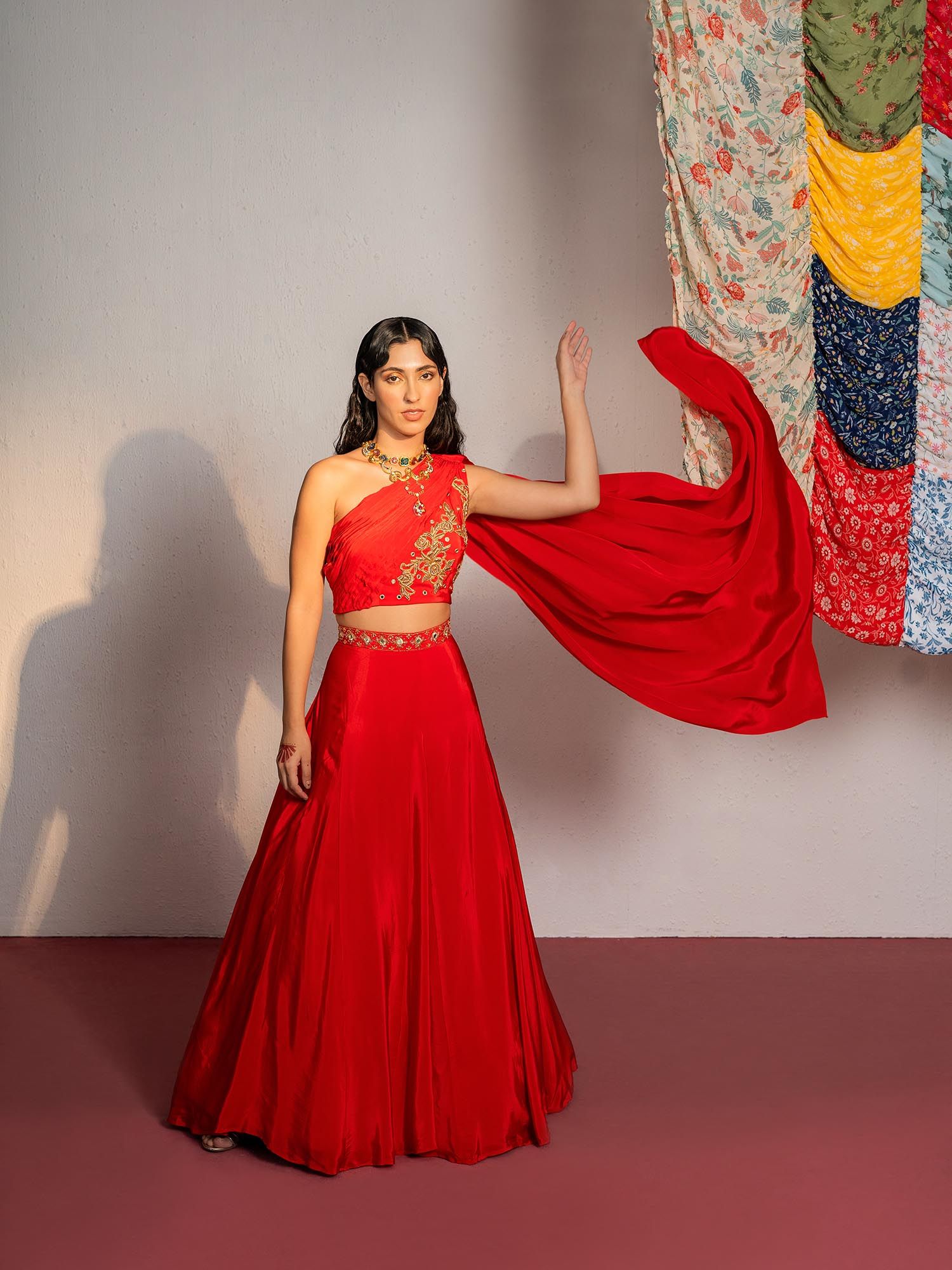 redpine designs Red Embroidered Lehenga with Attached Drape Blouse (Set of 2)-picture-18