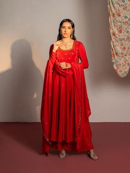Redpine Designs - Red Embroidered Anarkali with Palazzo and Dupatta (Set of 3)