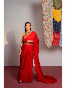 Redpine Designs - Red Embroidered Pre Drape Saree with Stitched Blouse and Belt