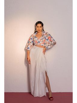 Redpine Designs - White Printed Drape Skirt with Short Cape and Blouse (Set of 3)